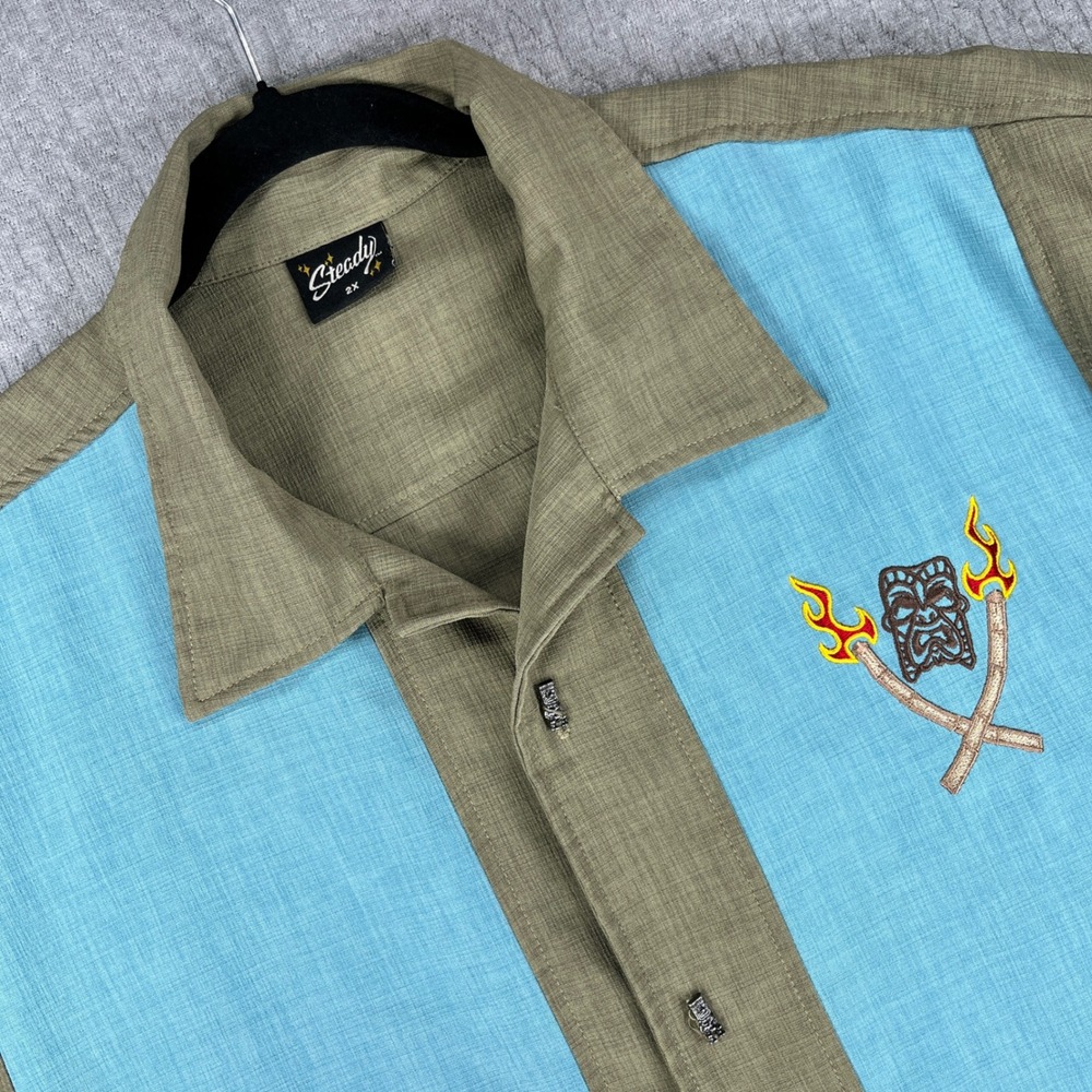 Steady Rockabilly Shirt Men 2X Metal Tiki Button Torch Embroidered Bowling Retro